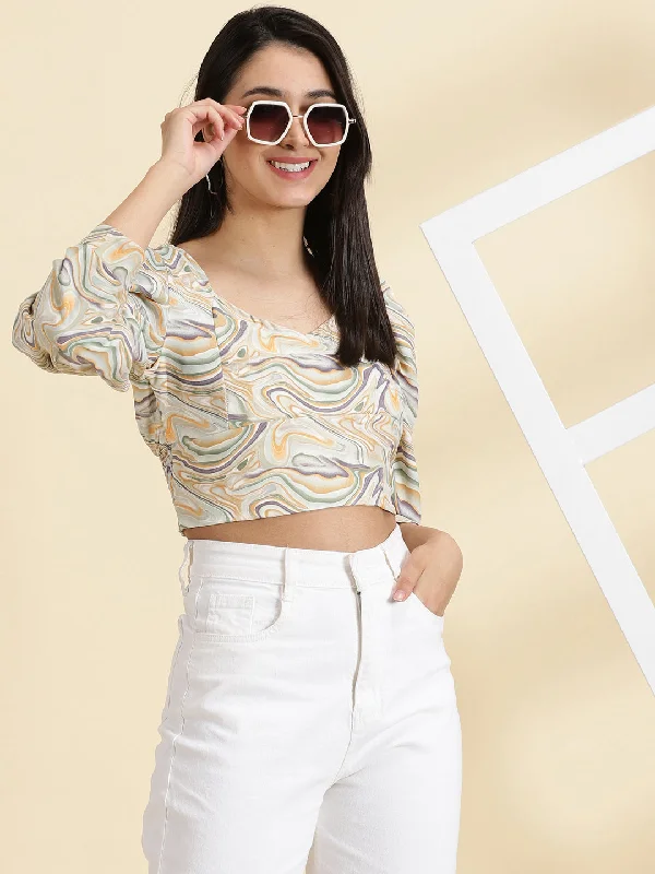 Weekend Offers You Can't Ignore Women's Sea Green Printed Crop Top