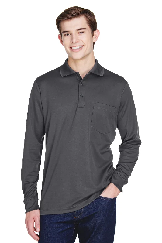 Core 365 Mens Pinnacle Performance Moisture Wicking Long Sleeve Polo Shirt w/ Pocket - Carbon Grey