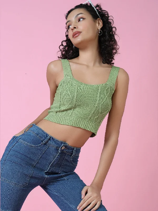 Mega Discount Women Green Solid Crochet Crop Top