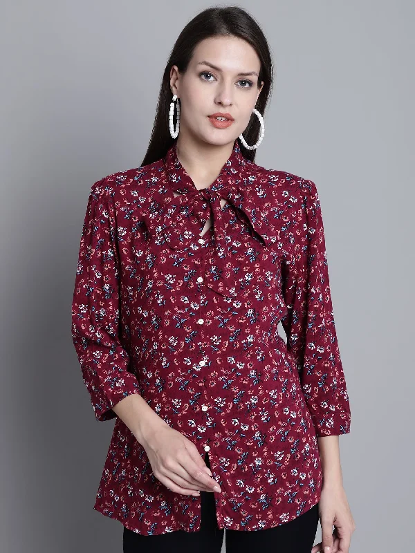 Weekend Discounts to Enjoy Women's Casual  Wine Floral Print Tie neck Top
