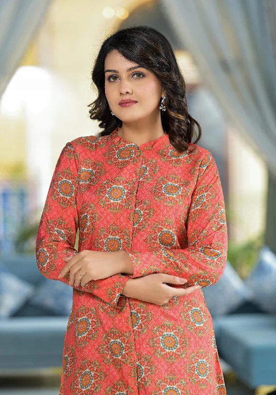 Weekend Offers That Please Orange Ethnic Motif Printed Viscose Tunic With Buttons Detailing