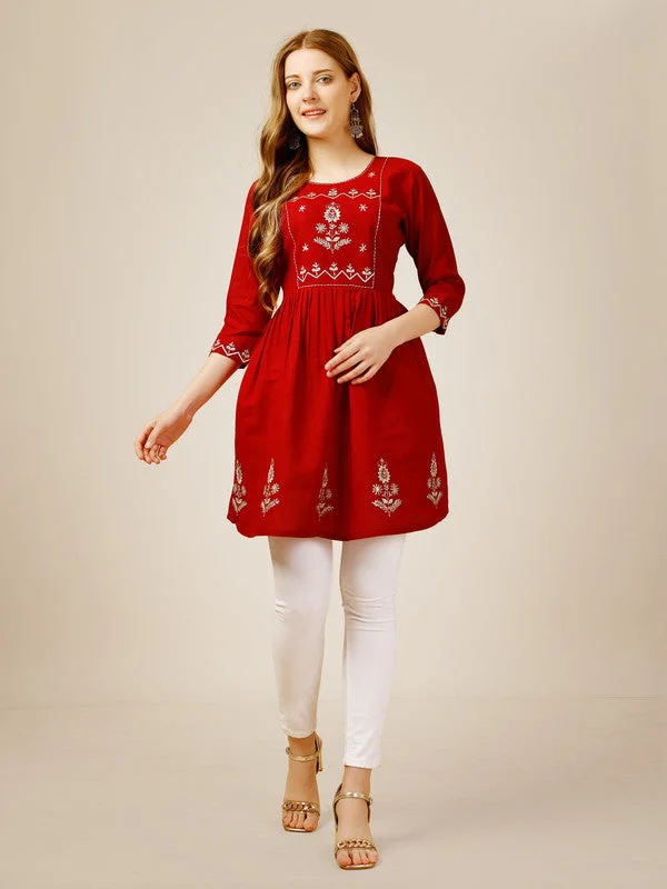 Weekend Extravaganza: Shop Now Womens Embroidered A-Line Red Tunic