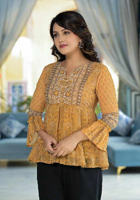 Weekend Offers That Amaze Mustard Ethnic Motif Printed Georgette Tunic With Sequins Detail