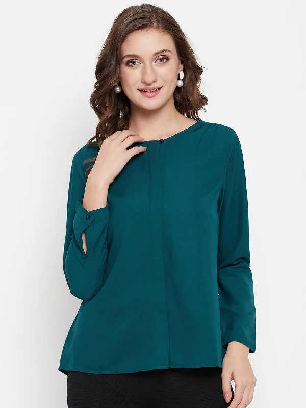 Weekend Discounts to Savor Women's Casual  Teal Blue Solid Round neck Top
