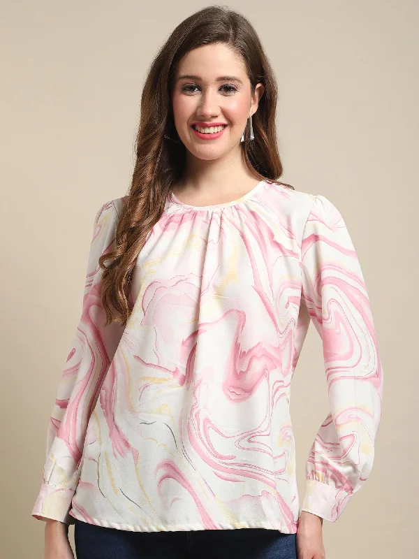 Weekend Steals Await Women's Casual  Pink Marble Print Round neck Top