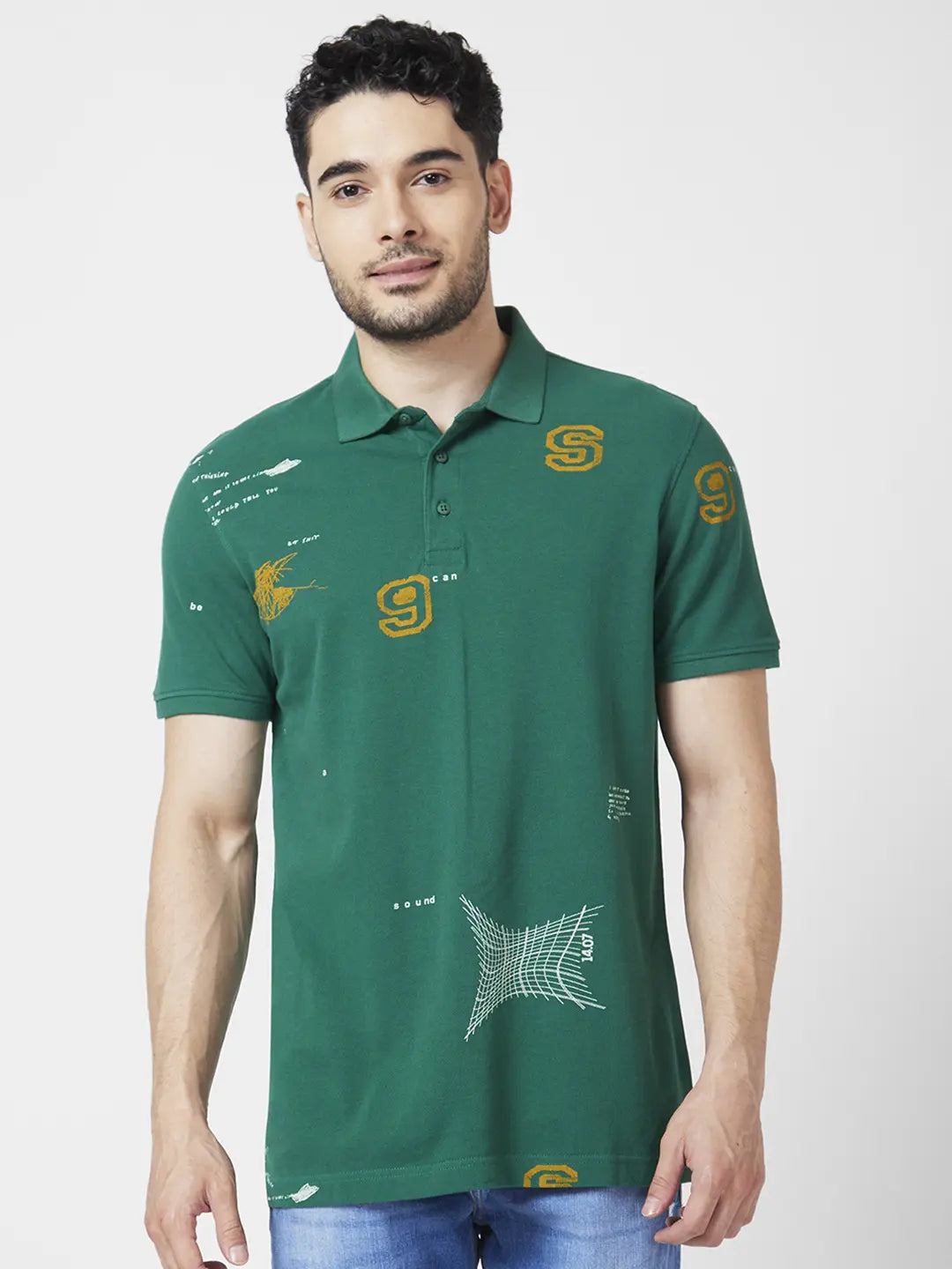 Spykar Men Dark Green Cotton Slim Fit Half Sleeve Polo Neck Printed Tshirt