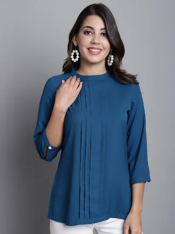 Weekend Deals That Wow Women's Casual  Teal Blue Solid Band Collar Top