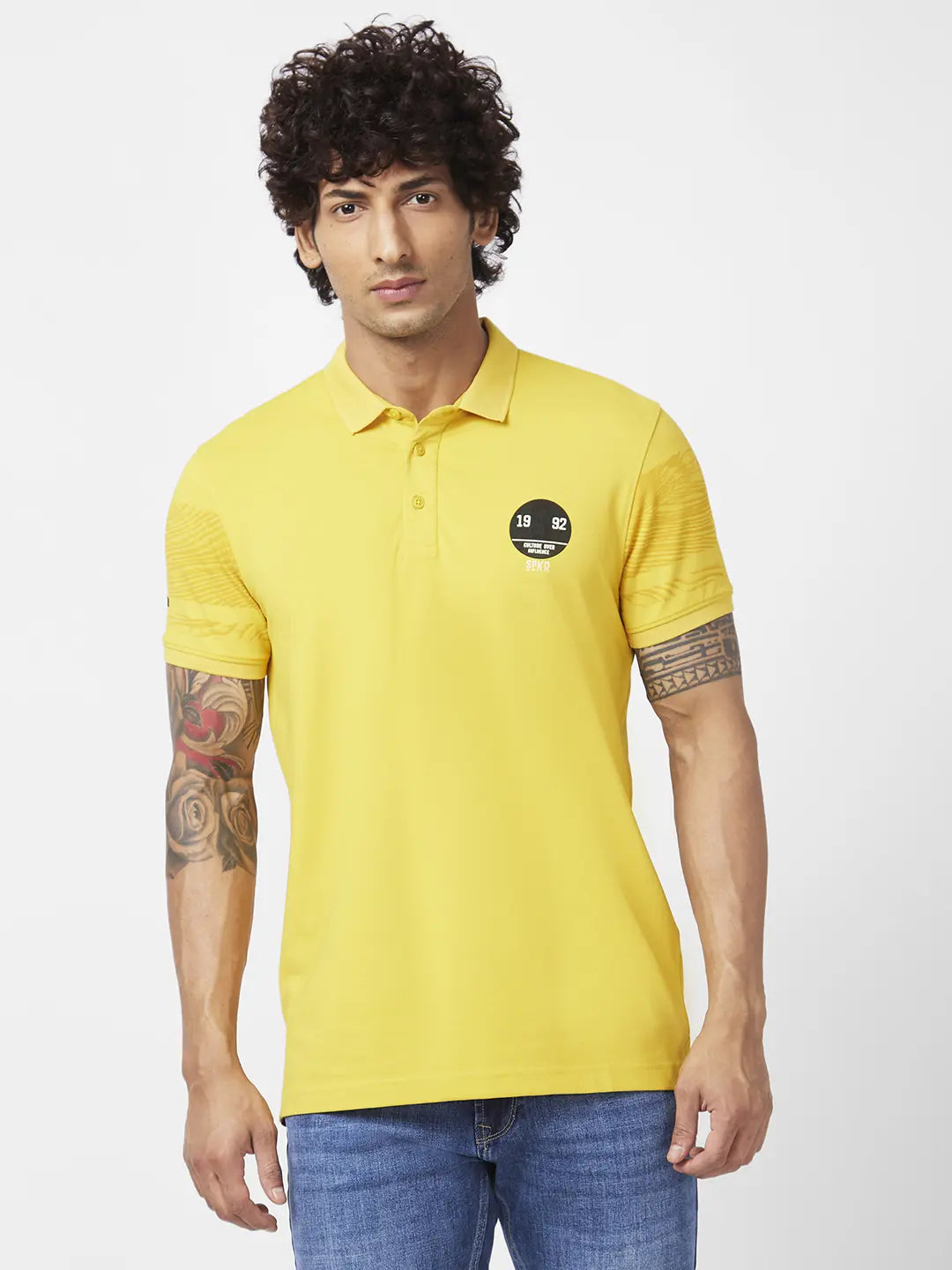 Spykar Men Sulphur Yellow Blended Slim Fit Half Sleeve Polo Neck Plain Tshirt