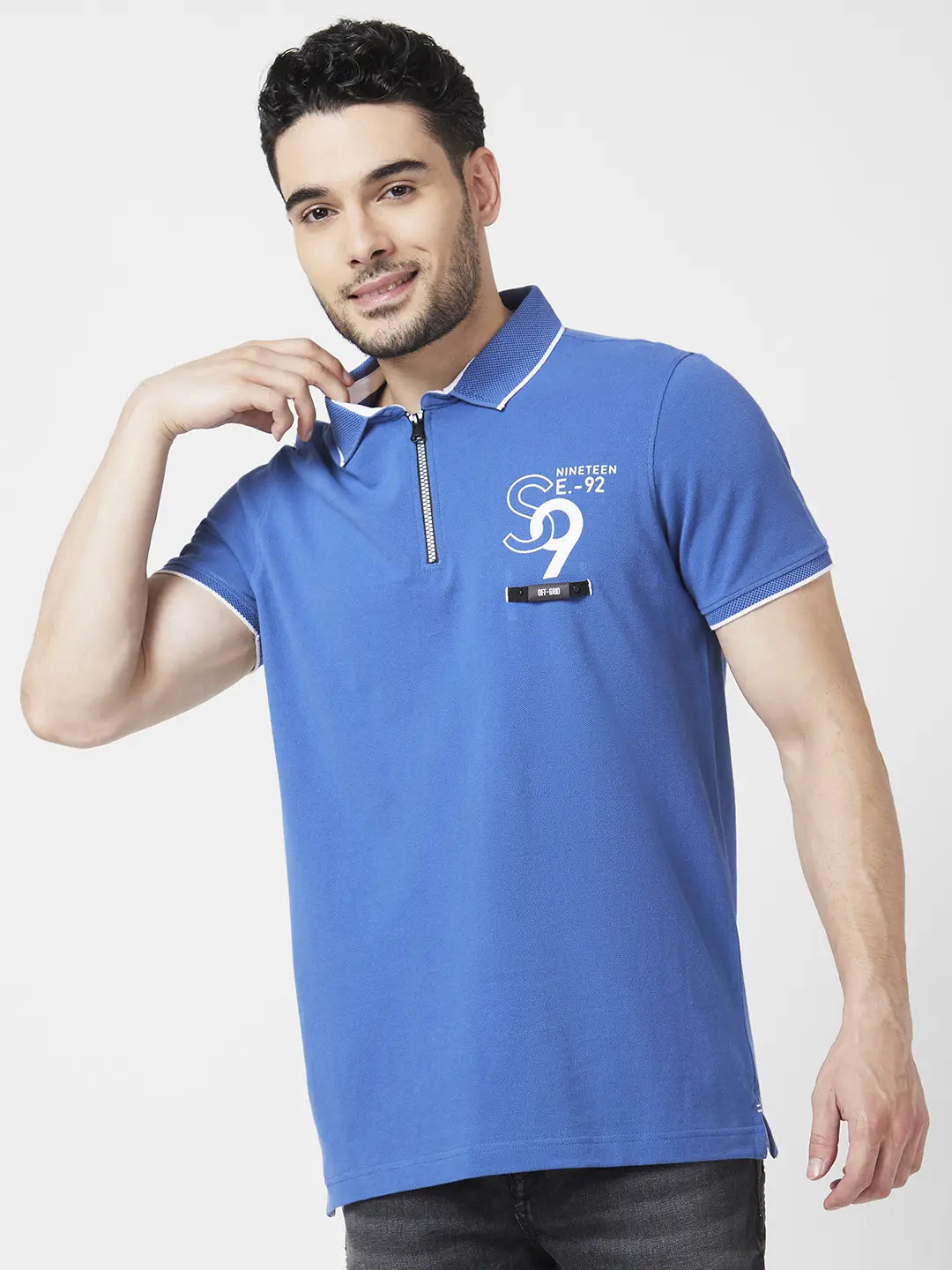 Spykar Men Haze Blue Cotton Slim Fit Half Sleeve Polo Neck Plain Tshirt