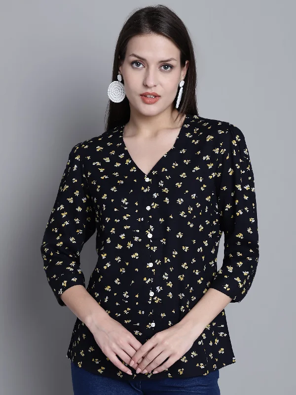 Midnight Madness Women's Casual  Navy Blue Floral Print V neck Top