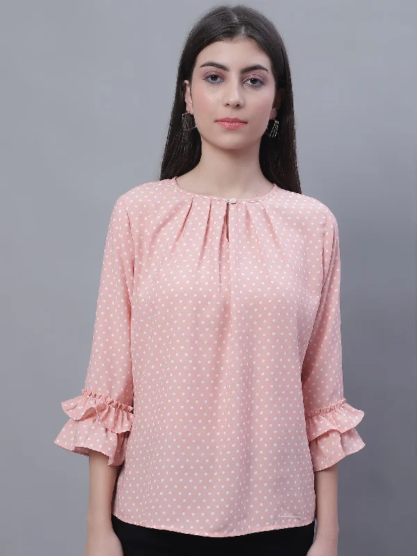 Super Bargain Women's Casual  Peach Polka dot Print Round neck with keyhole Top
