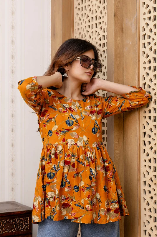 Weekend Offers That Shine Women Mustard Printed V-Neck Peplum Tunic