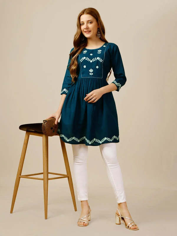 Overstock Clearance Womens Embroidered A-Line Blue Tunic