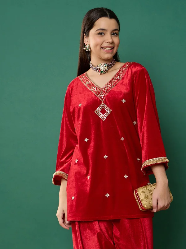 Weekend Deal Girl Red Velvet Embroidered V-Neck Short Kurta