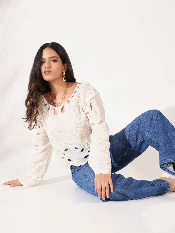 Weekend Discounts to Delight Women Cream Floral Top