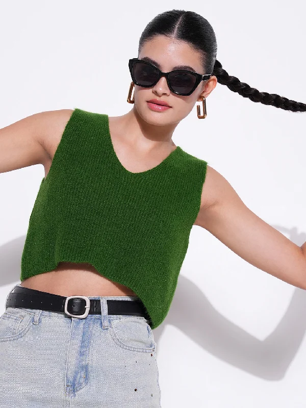 Take Action Women Green Solid Crop Top
