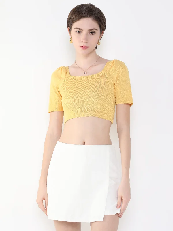 Take Advantage Women Solid Mustard Fitted Crop Top