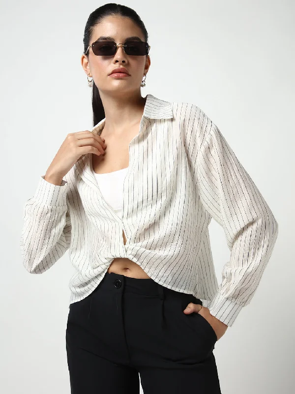 Extra Savings Women Off White Striped Shirt Style Crop Top
