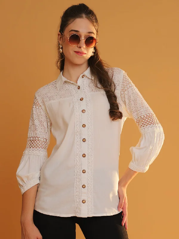 Weekend Offers That Sizzle Women Collared White 3/4 Sleeves Shirt with Lace Detailing Weekend Offers That Sizzle Women Collared White 3/4 Sleeves Shirt with Lace Detailing