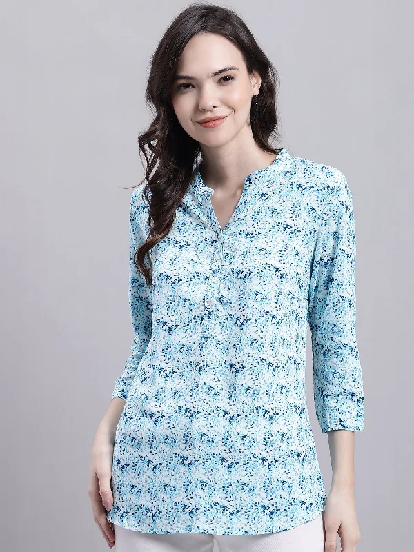 Weekend Savings Spectacular Women's Casual  Multi Color Floral Print Mandarin Collar Top