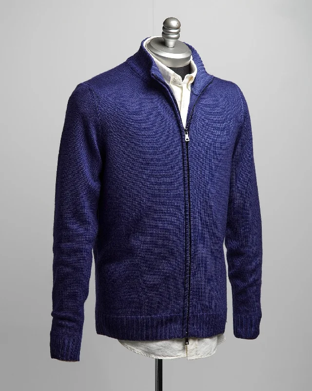 Blue 7 Gauge Full Zip Frosted Garment Dyed Wool Sweater