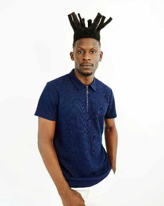 Navy Blue Knitted Zipper Polo