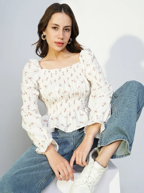 Weekend Wonders Await! Women Off White Floral Peplum Top