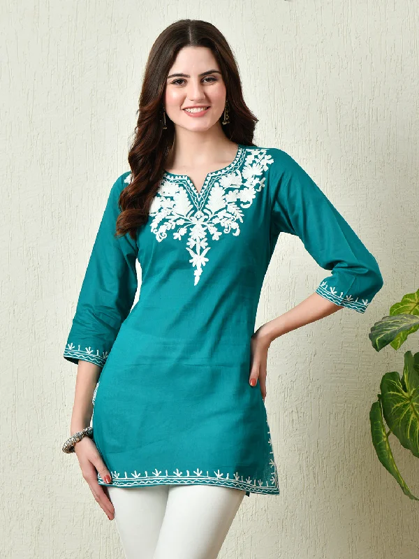 Sale Event Women Stylish Turquoise Cotton Short Kurti with Elegant Work
