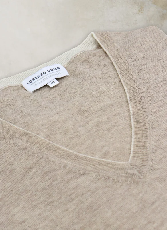 Men's St. Barths Contrast V-Neck Cashmere Sweater in Taupe