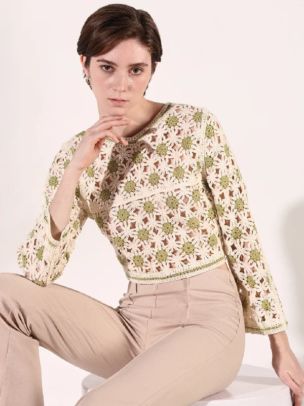 Weekend Offers That Excite Women Green Floral Crochet Crop Top