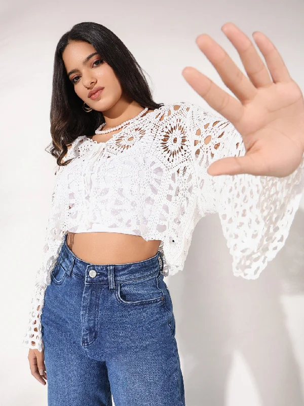 Half Price Women White Solid Crochet Top