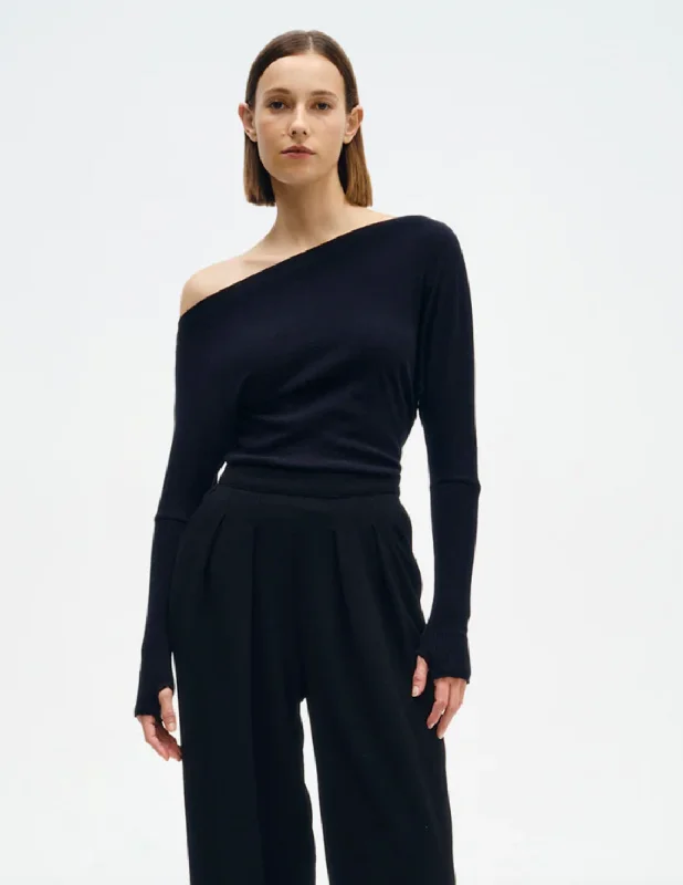 Weekend Special Cashmere Cuffed Off Shoulder Long Sleeve - Black
