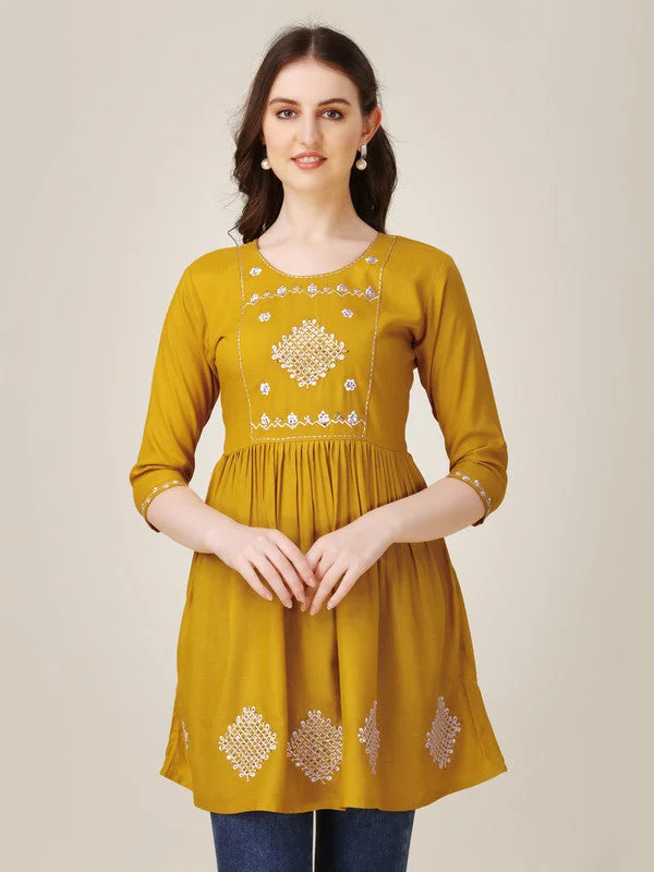 Unmissable Offer Womens Embroidered A-Line Mustard Tunic