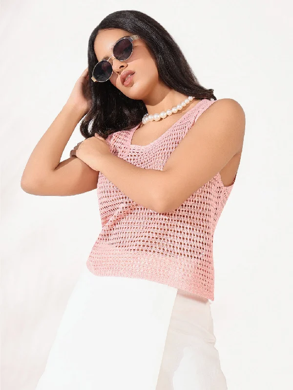 Weekend Specials to Celebrate Women Pink Solid Crochet Top