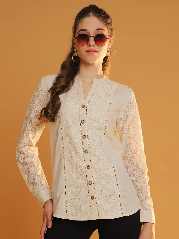 Weekend Bargains to Love Elegant Full-Sleeve Off-White Lace Shirt with Mandarin Collar