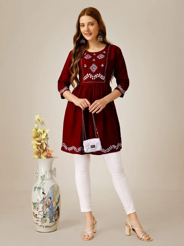 Special Discount Womens Embroidered A-Line Maroon Tunic