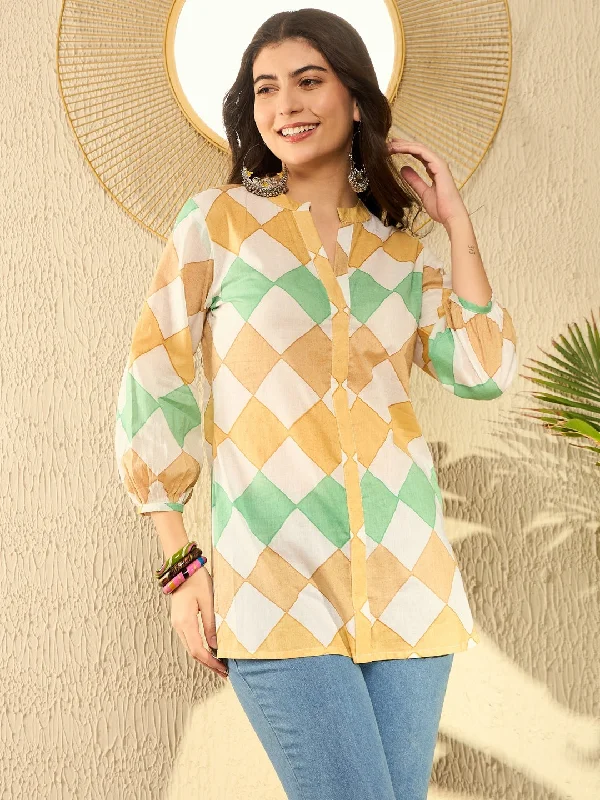 Massive Deal Women White Cotton Blend Geometric Printed Regular Tunic