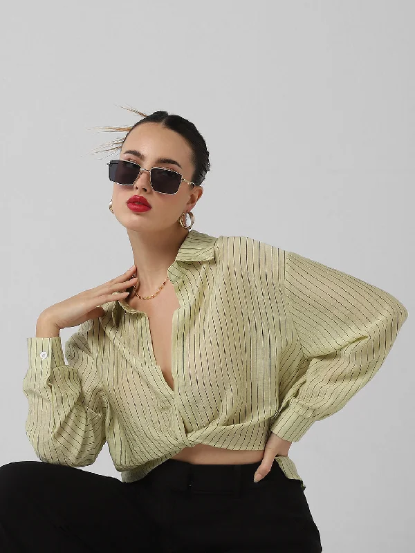 Weekend Deals That Spark Women Green Striped Shirt Style Crop Top