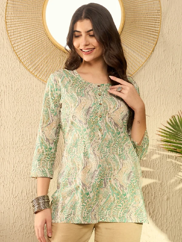 Weekend Bargains Just for You Women Green Cotton Blend Abstract Printed Regular Tunic