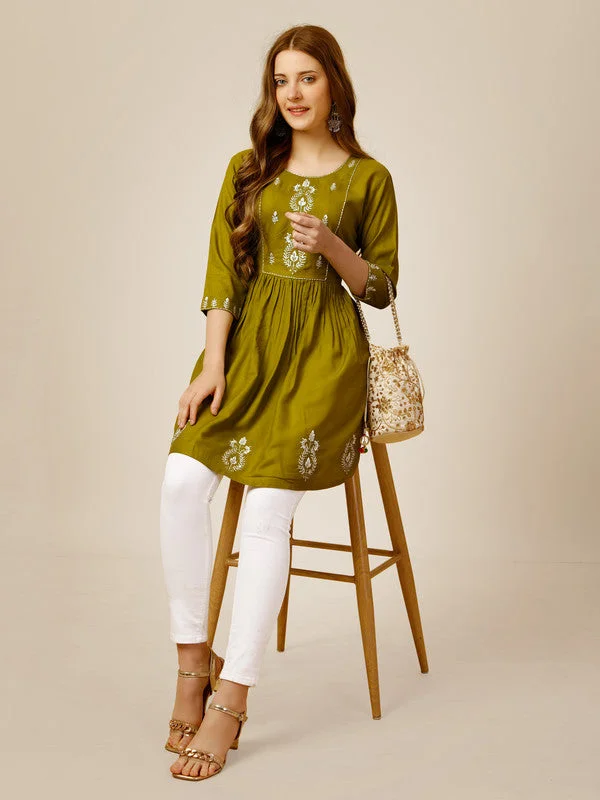 Stock Clearance Womens Embroidered A-Line Green Tunic