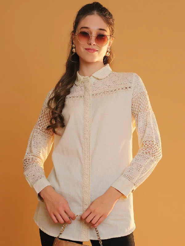 Top Pick Women Off-White Lace-Detail Full Sleeves Shirt - Elegant & Timeless