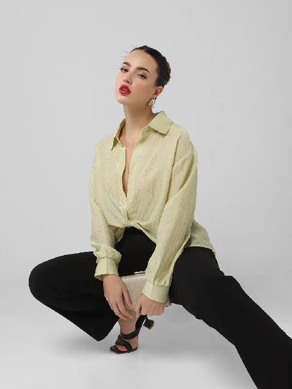 Special Offer Women Green Solid Shirt Style Crop Top