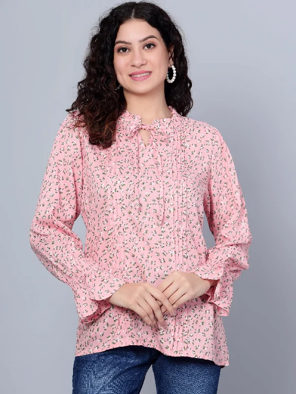 Year-End Sale Women's Casual  Pink Floral Print Mandarin Collar with tie  Top