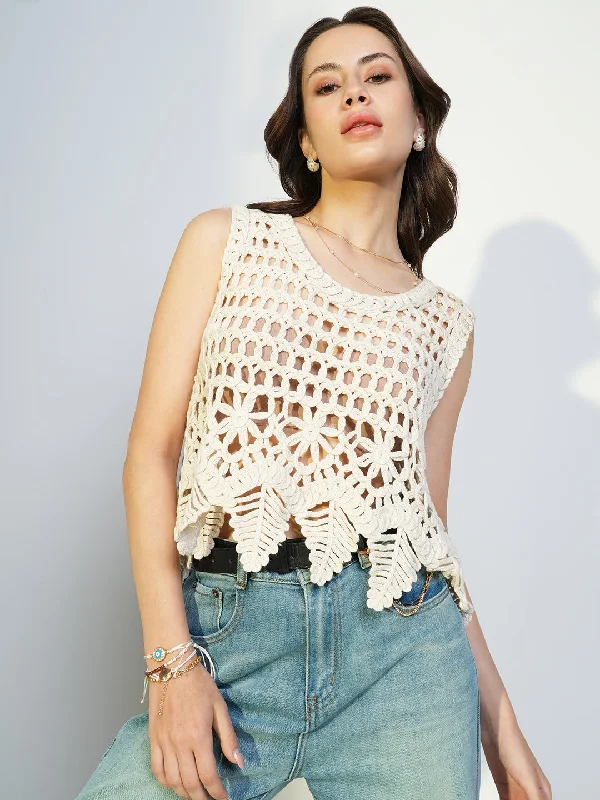 Take Action Women Cream Solid Crochet Crop Top