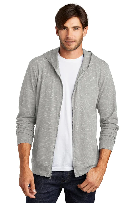 District Mens Medal Full Zip Hooded Sweatshirt Hoodie w/ Pockets - Light Grey