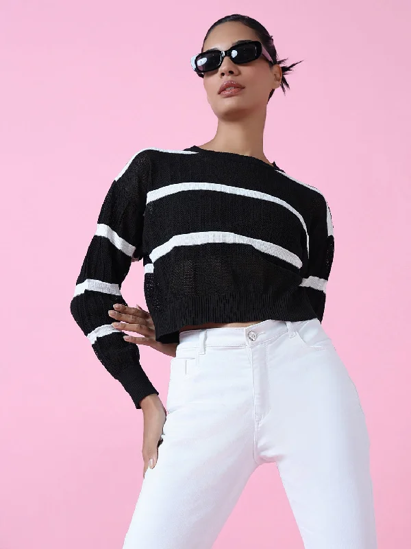 Weekend Savings Delight Women Black Striped Crochet Top
