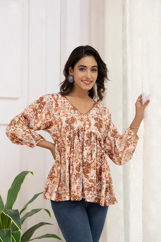 New Deal Women Rust Printed Peplum Tunic