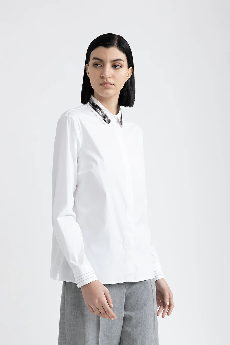 Weekend Bargains to Enjoy Stretch Cotton Poplin Embellished Collar Shirt - White