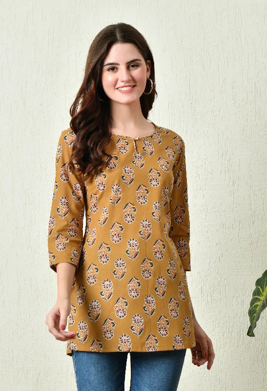Weekend Discounts Worth Grabbing Women Stylish Mustard Cotton Short Kurti with Elegant Print Weekend Discounts Worth Grabbing Women Stylish Mustard Cotton Short Kurti with Elegant Print