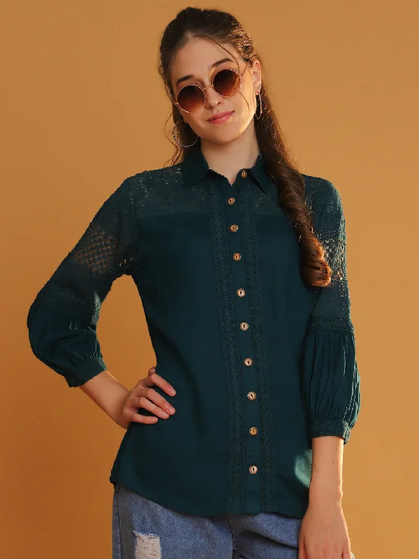 Weekend Specials to Snag Women Collared Bottle Green 3/4 Sleeves Shirt with Lace Detail Weekend Specials to Snag Women Collared Bottle Green 3/4 Sleeves Shirt with Lace Detail